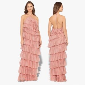 🌻NEW w/tags Betsy & Adam Blush Pink Layered Ruffle Halter Gown Size 0